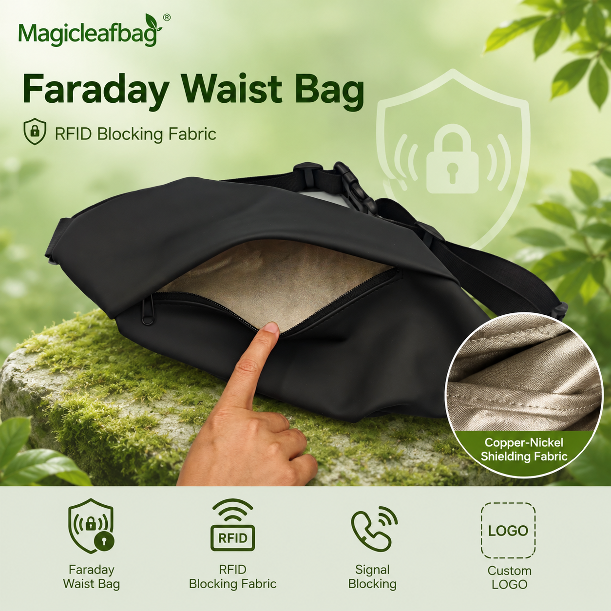 Faraday waist bag with signal blocking pocket EMF protection human body